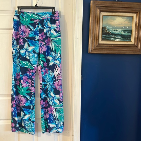 NWT Aryeh Vibrant Navy & Pink Floral Wide Leg Pull On Palazzo Pants - Picture 1 of 9